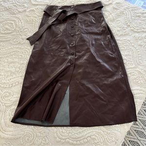 Zara A-line Midi Vegan Leather Red Brown Button front belted Skirt Size US XL